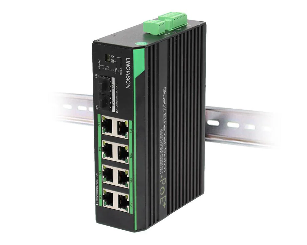 Linovision 8 Ports Industrial Full Gigabit POE Switch with Mean Well 240-48 Industrial DIN rail power supply